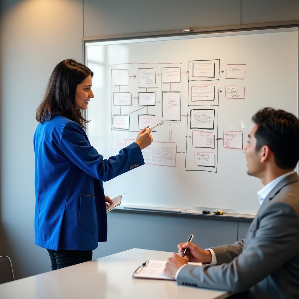 Consultant and team lead at a whiteboard mapping out an innovation process with diagrams and arrows