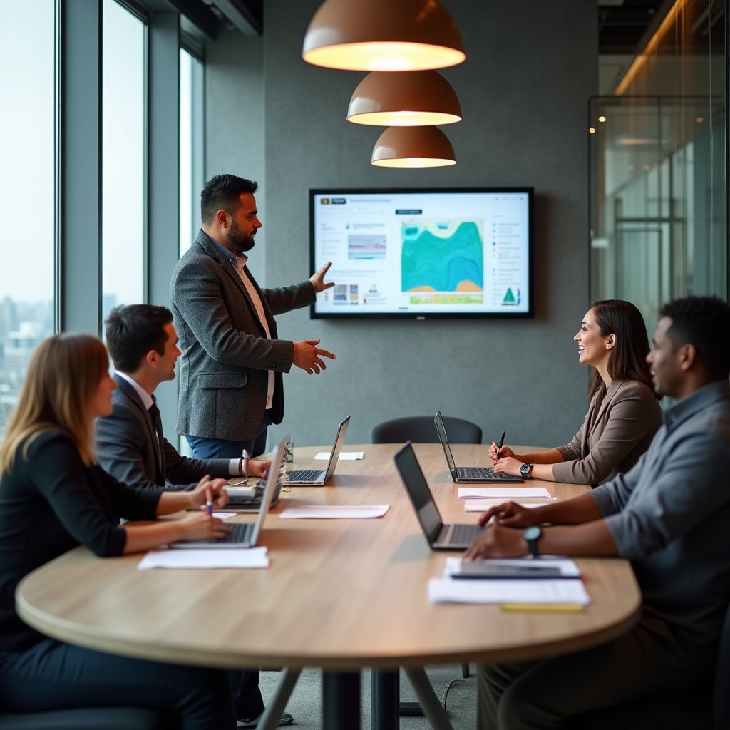 Diverse team of professionals collaborating around a shared screen in a modern office environment