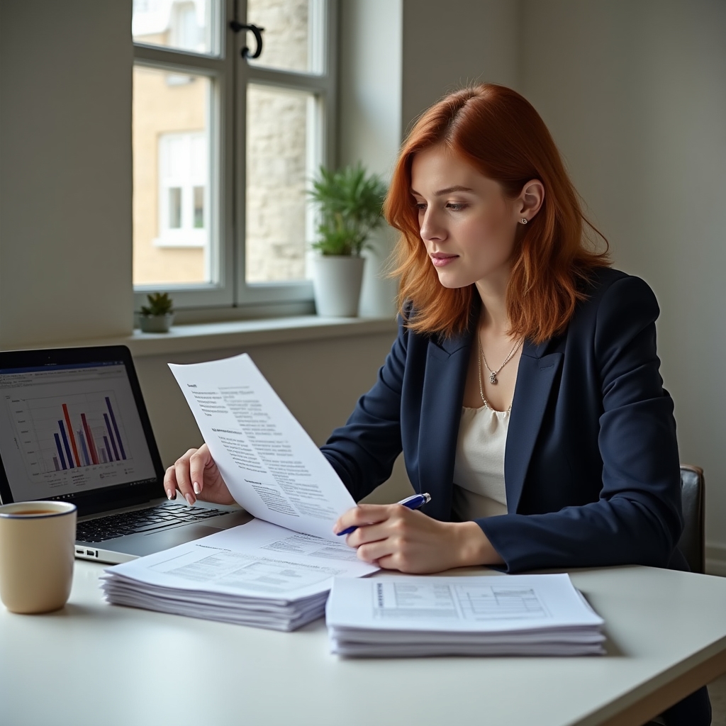 Professional reviewing printed outcome measurement reports at a clean desk with a coffee cup and notepad