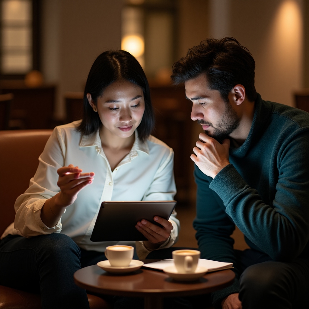 Two professionals reviewing a prototype on a tablet during a focused one-on-one meeting in a bright office