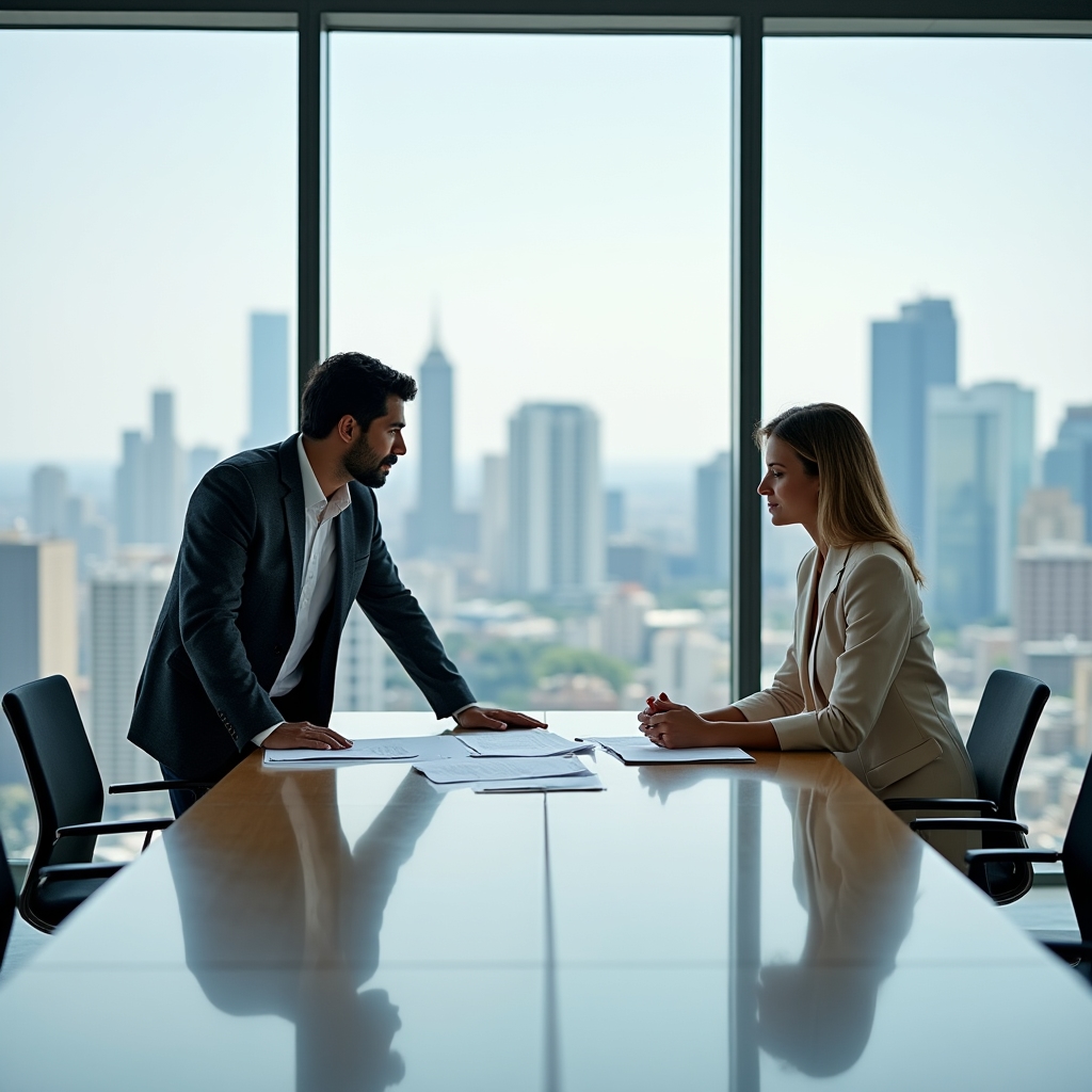 Two senior professionals engaged in a strategy discussion at a large conference table with documents and laptops