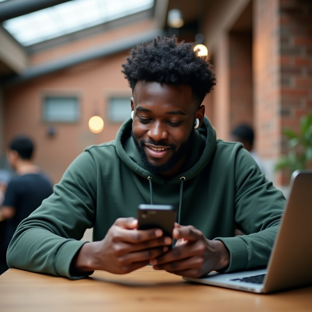 Young professional submitting an idea through a mobile app interface while seated at a collaborative workspace